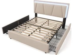 Lit 160x200cm Avec 2 Tiroirs + LED + Sommier à Lattes - Lin - Beige 19 Lit 160x200cm Avec 2 Tiroirs + LED + Sommier à Lattes - Lin - Beige -Magasin de lits lit 21860387