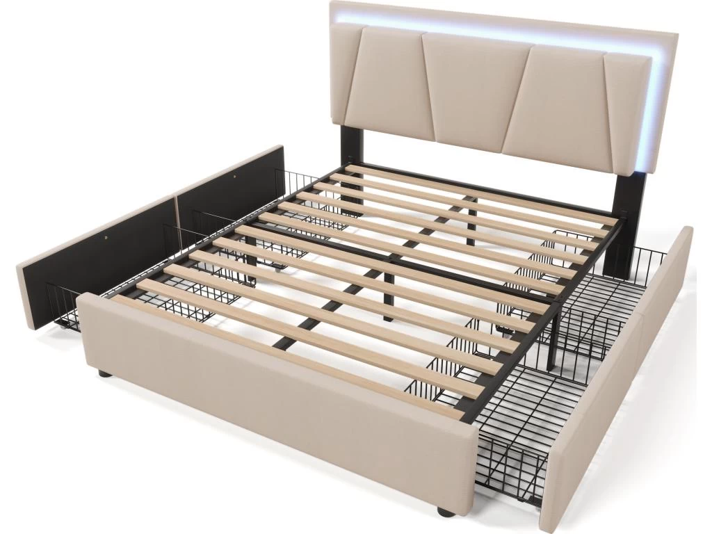Lit 160x200cm Avec 2 Tiroirs + LED + Sommier à Lattes - Lin - Beige 10 Lit 160x200cm Avec 2 Tiroirs + LED + Sommier à Lattes - Lin - Beige – Image 10