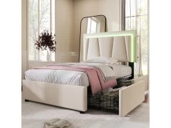 Lit 90x200cm Avec 2 Tiroirs + LED + Sommier à Lattes - Lin - Beige