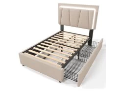 Lit 90x200cm Avec 2 Tiroirs + LED + Sommier à Lattes - Lin - Beige -Magasin de lits lit 21860441