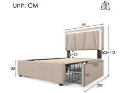 Lit 90x200cm Avec 2 Tiroirs + LED + Sommier à Lattes - Lin - Beige -Magasin de lits lit 21860443