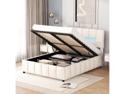 Lit Coffre Avec LED Et Sommier à Lattes - 140x200cm - Velours - Beige
