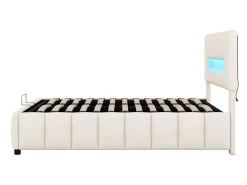 Lit Coffre Avec LED Et Sommier à Lattes - 140x200cm - Velours - Beige -Magasin de lits lit 21860587