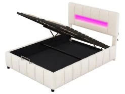 Lit Coffre Avec LED Et Sommier à Lattes - 140x200cm - Velours - Beige -Magasin de lits lit 21860589