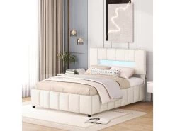 Lit Coffre Avec LED Et Sommier à Lattes - 140x200cm - Velours - Beige -Magasin de lits lit 21860593