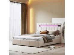 Lit Coffre Capitonné En Velours - Avec Led + Lecteur Bluetooth + Recharge Usb - 140x200cm - Beige