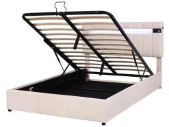 Lit Coffre Capitonné En Velours - Avec Led + Lecteur Bluetooth + Recharge Usb - 140x200cm - Beige -Magasin de lits lit 21884407