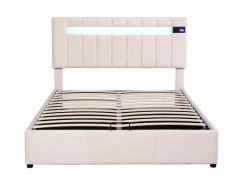 Lit Coffre Capitonné En Velours - Avec Led + Lecteur Bluetooth + Recharge Usb - 140x200cm - Beige -Magasin de lits lit 21884409