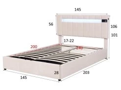 Lit Coffre Capitonné En Velours - Avec Led + Lecteur Bluetooth + Recharge Usb - 140x200cm - Beige -Magasin de lits lit 21884411