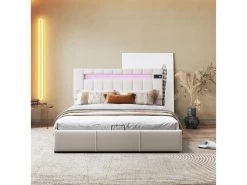 Lit Coffre Capitonné En Velours - Avec Led + Lecteur Bluetooth + Recharge Usb - 140x200cm - Beige -Magasin de lits lit 21884421