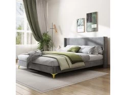 Lit Adulte Rembourré En Velours Avec Sommier à Lattes - 180x200cm - Gris