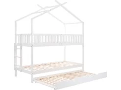 Lit Superposé Cabane - Trois Lits - Sommier à Lattes - Pin - 90x200cm - Blanc -Magasin de lits lit 22041237