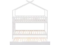 Lit Superposé Cabane - Trois Lits - Sommier à Lattes - Pin - 90x200cm - Blanc -Magasin de lits lit 22041251