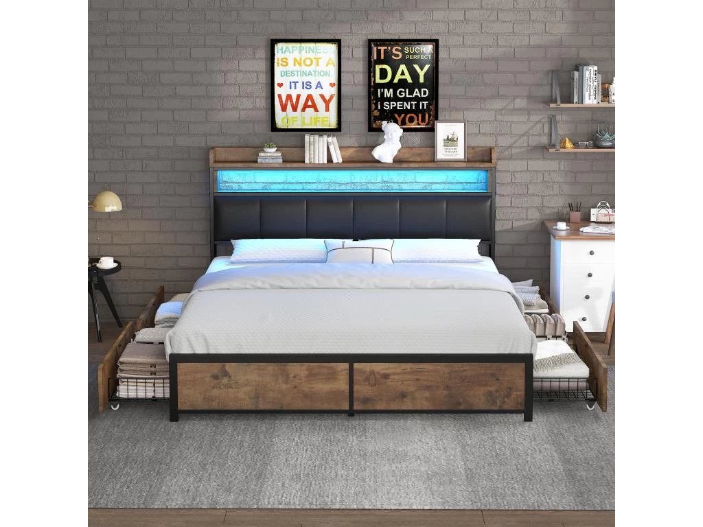 Lit Adulte - 4 Tiroirs - LED - Cadre En Métal - Similicuir - 140x200cm - Naturel Foncé 2 Lit Adulte - 4 Tiroirs - LED - Cadre En Métal - Similicuir - 140x200cm - Naturel Foncé – Image 2