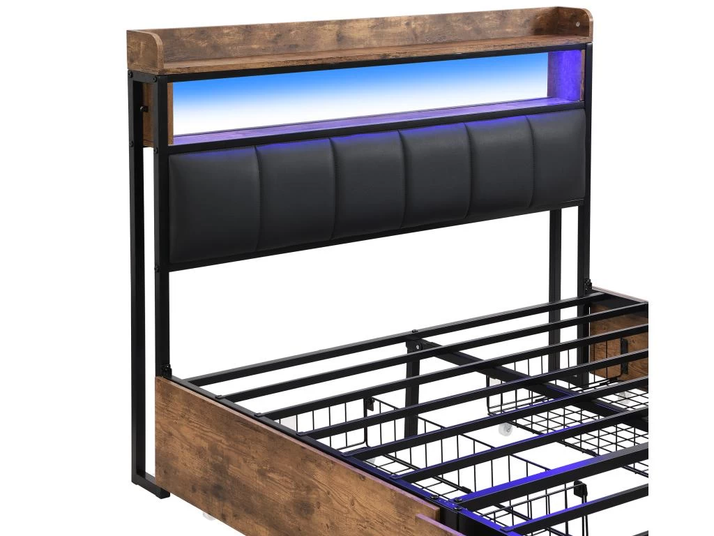 Lit Adulte - 4 Tiroirs - LED - Cadre En Métal - Similicuir - 140x200cm - Naturel Foncé 3 Lit Adulte - 4 Tiroirs - LED - Cadre En Métal - Similicuir - 140x200cm - Naturel Foncé – Image 3