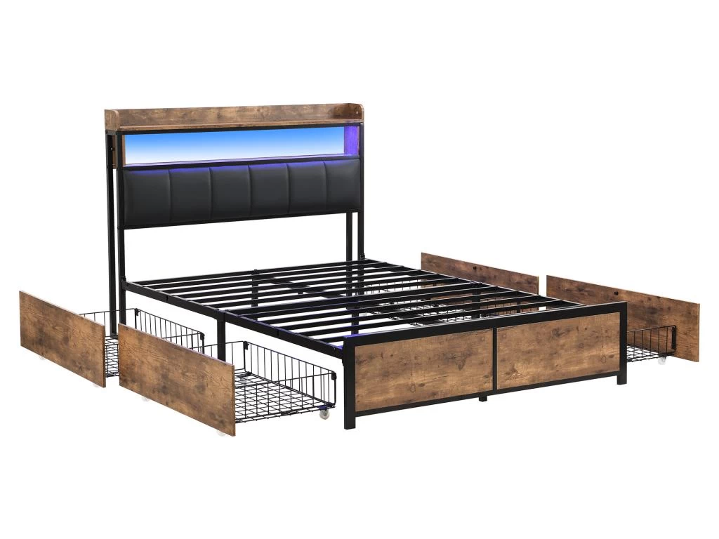 Lit Adulte - 4 Tiroirs - LED - Cadre En Métal - Similicuir - 140x200cm - Naturel Foncé 4 Lit Adulte - 4 Tiroirs - LED - Cadre En Métal - Similicuir - 140x200cm - Naturel Foncé – Image 4