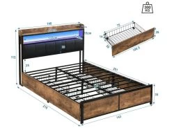 Lit Adulte - 4 Tiroirs - LED - Cadre En Métal - Similicuir - 140x200cm - Naturel Foncé 14 Lit Adulte - 4 Tiroirs - LED - Cadre En Métal - Similicuir - 140x200cm - Naturel Foncé -Magasin de lits lit 22125075