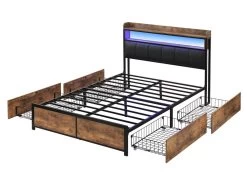 Lit Adulte - 4 Tiroirs - LED - Cadre En Métal - Similicuir - 140x200cm - Naturel Foncé 19 Lit Adulte - 4 Tiroirs - LED - Cadre En Métal - Similicuir - 140x200cm - Naturel Foncé -Magasin de lits lit 22125085