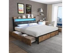 Lit Adulte - 4 Tiroirs - LED - Cadre En Métal - Similicuir - 160x200cm - Naturel Foncé