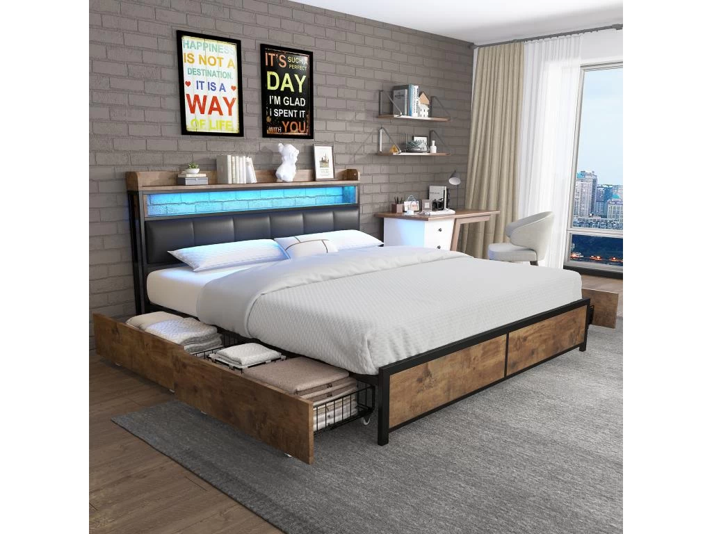 Lit Adulte - 4 Tiroirs - LED - Cadre En Métal - Similicuir - 160x200cm - Naturel Foncé 1 Lit Adulte - 4 Tiroirs - LED - Cadre En Métal - Similicuir - 160x200cm - Naturel Foncé