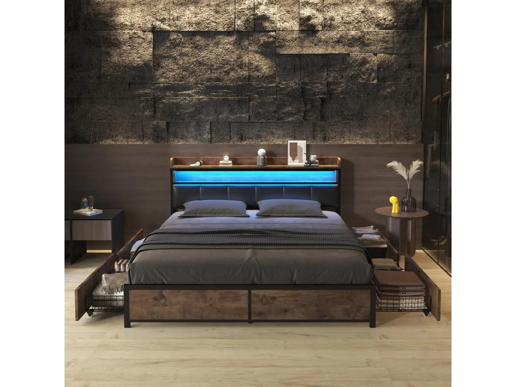 Lit Adulte - 4 Tiroirs - LED - Cadre En Métal - Similicuir - 160x200cm - Naturel Foncé 2 Lit Adulte - 4 Tiroirs - LED - Cadre En Métal - Similicuir - 160x200cm - Naturel Foncé – Image 2