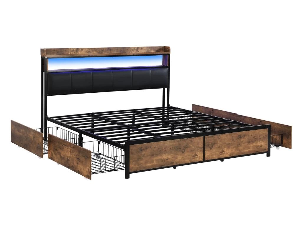 Lit Adulte - 4 Tiroirs - LED - Cadre En Métal - Similicuir - 160x200cm - Naturel Foncé 3 Lit Adulte - 4 Tiroirs - LED - Cadre En Métal - Similicuir - 160x200cm - Naturel Foncé – Image 3