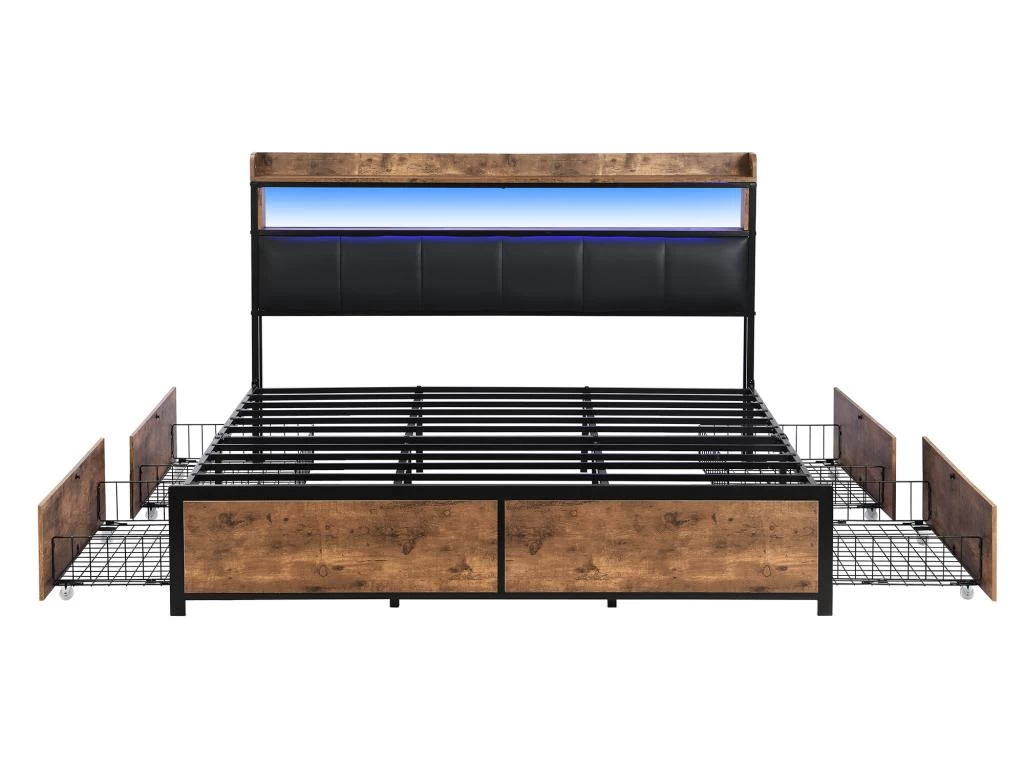Lit Adulte - 4 Tiroirs - LED - Cadre En Métal - Similicuir - 160x200cm - Naturel Foncé 4 Lit Adulte - 4 Tiroirs - LED - Cadre En Métal - Similicuir - 160x200cm - Naturel Foncé – Image 4