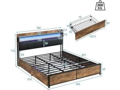 Lit Adulte - 4 Tiroirs - LED - Cadre En Métal - Similicuir - 160x200cm - Naturel Foncé 14 Lit Adulte - 4 Tiroirs - LED - Cadre En Métal - Similicuir - 160x200cm - Naturel Foncé -Magasin de lits lit 22125155