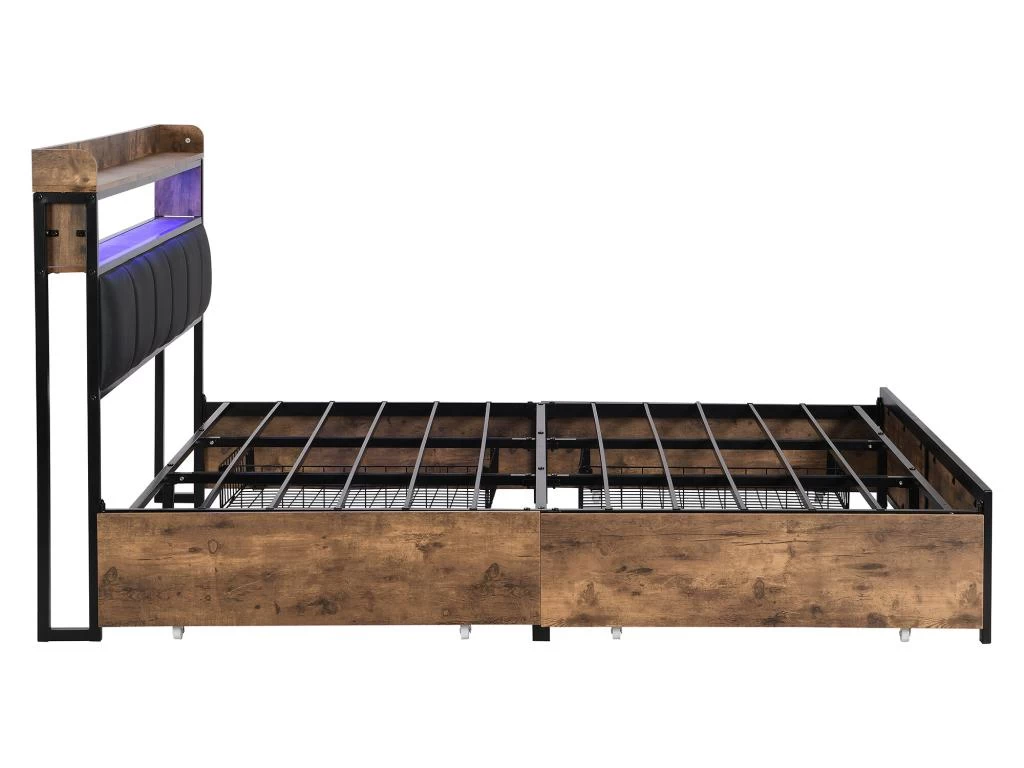 Lit Adulte - 4 Tiroirs - LED - Cadre En Métal - Similicuir - 160x200cm - Naturel Foncé 8 Lit Adulte - 4 Tiroirs - LED - Cadre En Métal - Similicuir - 160x200cm - Naturel Foncé – Image 8