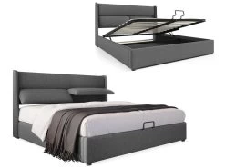 Lit Coffre Avec Tête Réglable - Lin - 160x200cm - Gris -Magasin de lits lit 22125911