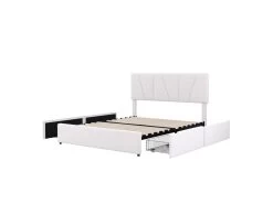 Lit Cappitonné Avec 4 Tiroirs + Tête De Lit Réglable - 140x200cm - Velours - Beige -Magasin de lits lit 22476049