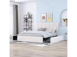Lit Cappitonné Avec 4 Tiroirs + Tête De Lit Réglable - 140x200cm - Velours - Beige -Magasin de lits lit 22476059