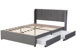 Lit Capitonné En Velours Avec 2 Tiroirs + Sommier à Lattes -140x200cm - Style Moderne - Gris -Magasin de lits lit 22476065
