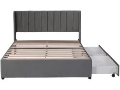 Lit Capitonné En Velours Avec 2 Tiroirs + Sommier à Lattes -140x200cm - Style Moderne - Gris -Magasin de lits lit 22476077