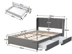 Lit Capitonné En Velours Avec 2 Tiroirs + Sommier à Lattes -140x200cm - Style Moderne - Gris -Magasin de lits lit 22476079