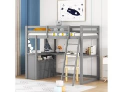 Lit Mezzanine Avec Bureau、tiroirs 、échelle Et Sommier à Lattes - Cadre En Pin - 90x200cm - Gris