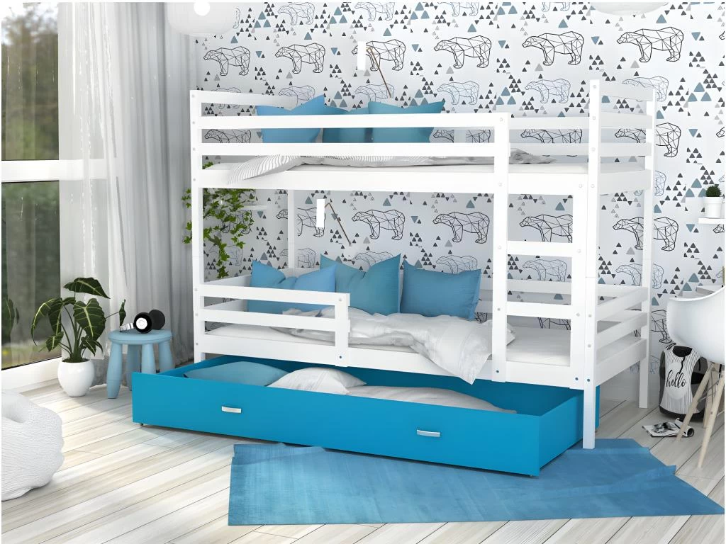 Lit Superposé Milo 90x190 Blanc - Bleu Livré Avec Sommiers, Tiroir Et Matelas En Mousse De 7cm 1 Lit Superposé Milo 90x190 Blanc - Bleu Livré Avec Sommiers, Tiroir Et Matelas En Mousse De 7cm