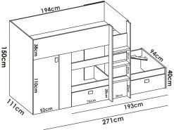 Lit Pour Enfants Dbajram, Chambre Complète Avec Armoire Et Tiroirs, Composition De Lits Superposés Avec Deux Lits Simples, 271x111h150 Cm, Blanc Et Anthracite -Magasin de lits lit 22898611