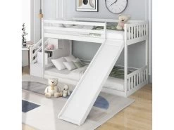 Lit Superposé Avec Escalier + Toboggan + 2 Tiroirs + Sommier à Lattes - 90x200cm - Pin - Blanc