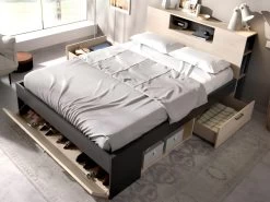 Lit Avec Tête De Lit Rangements Et Tiroir - 90 X 190 Cm - Anthracite Et Naturel + Sommier - LEANDRE -Magasin de lits lit 384143 4