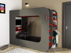 Lit Mezzanine Gamer 90 X 200 Cm - Avec Bureau Et Rangements - Avec LEDs - Anthracite Et Rouge - WARRIOR -Magasin de lits lit 509179