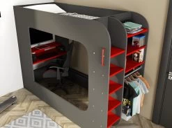 Lit Mezzanine Gamer 90 X 200 Cm - Avec Bureau Et Rangements - Avec LEDs - Anthracite Et Rouge - WARRIOR -Magasin de lits lit 509183