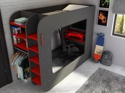Lit Mezzanine Gamer 90 X 200 Cm - Avec Bureau Et Rangements - Avec LEDs - Anthracite Et Rouge - WARRIOR -Magasin de lits lit 509195
