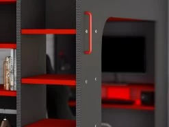 Lit Mezzanine Gamer 90 X 200 Cm - Avec Bureau Et Rangements - Avec LEDs - Anthracite Et Rouge + Matelas - WARRIOR -Magasin de lits lit 509225
