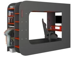 Lit Mezzanine Gamer 90 X 200 Cm - Avec Bureau Et Rangements - Avec LEDs - Anthracite Et Rouge + Matelas - WARRIOR -Magasin de lits lit 509237