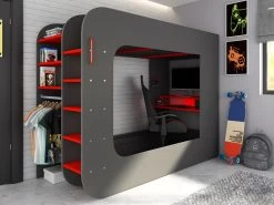 Lit Mezzanine Gamer 90 X 200 Cm - Avec Bureau Et Rangements - Avec LEDs - Anthracite Et Rouge + Matelas - WARRIOR