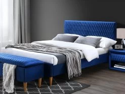 Ensemble Lit 140 X 190 Cm - Tissu Velours - Bleu + 2 Tables De Chevet + Bout De Lit - DANIELE -Magasin de lits lit 513787