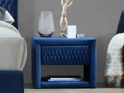 Ensemble Lit 140 X 190 Cm - Tissu Velours - Bleu + 2 Tables De Chevet + Bout De Lit - DANIELE -Magasin de lits lit 513799