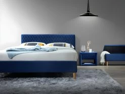 Ensemble Lit 140 X 190 Cm - Tissu Velours - Bleu + 2 Tables De Chevet + Bout De Lit - DANIELE -Magasin de lits lit 513803