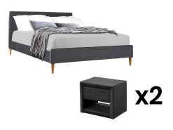 Ensemble Lit 140 X 190 Cm - Tissu Velours - Gris + 2 Tables De Chevet - DANIELE -Magasin de lits lit 570047